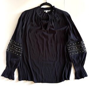 Chicos Beaded Top Size 2.4 US 14 Navy Blue Puff Sleeve Dressy Lace Cutout Blouse